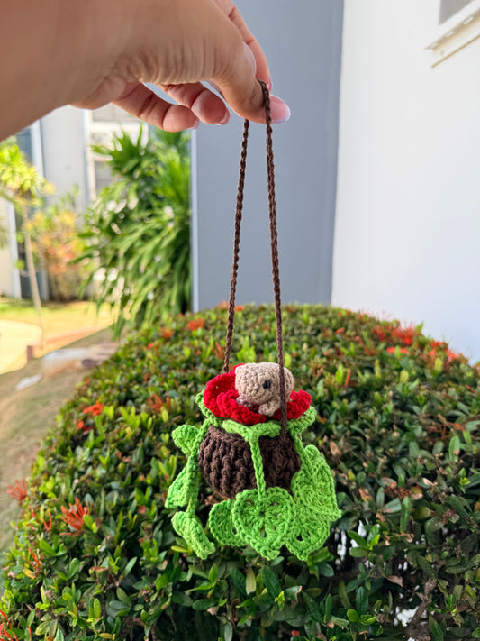 Colgante de Maceta en Crochet con Flor de Maga y Coquí | Decoración Artesanal Puertorriqueña